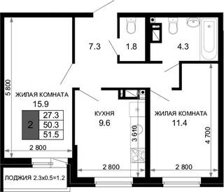 2-к квартира, 51.5 м², 4/16 эт.